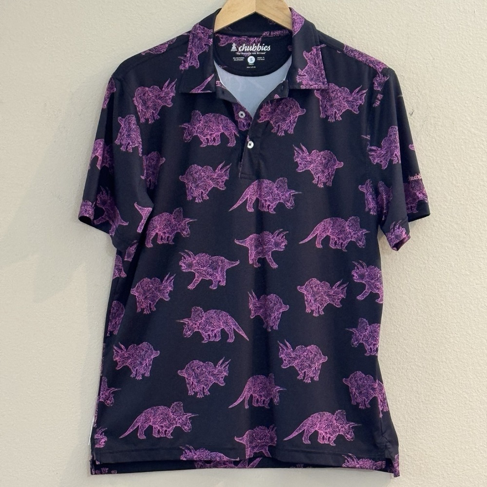 Chubbies Dinosaur Golf Polo Shirt Triceratops Print Performance Stretch Mens S
